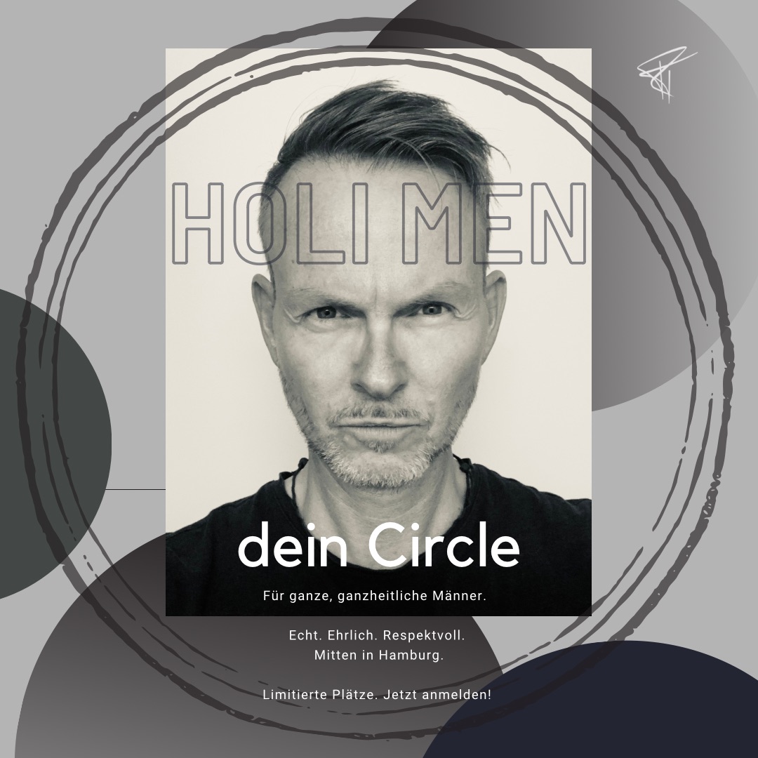 Ausdrucksstarkes SW-Porträt von Ralf Tiedemann - Dazu die Headline HOLI MEN dein Circle - IMPULSE von Klang. Wort. Sinn.